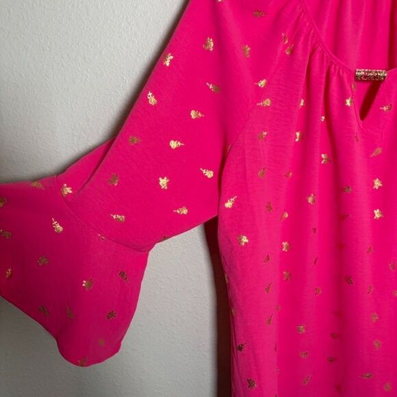 Fyve Blouse Women's Large Neon Pink V-Neck Keyhole Metallic 3/4 Sleeve Flare Top - Picture 4 of 9